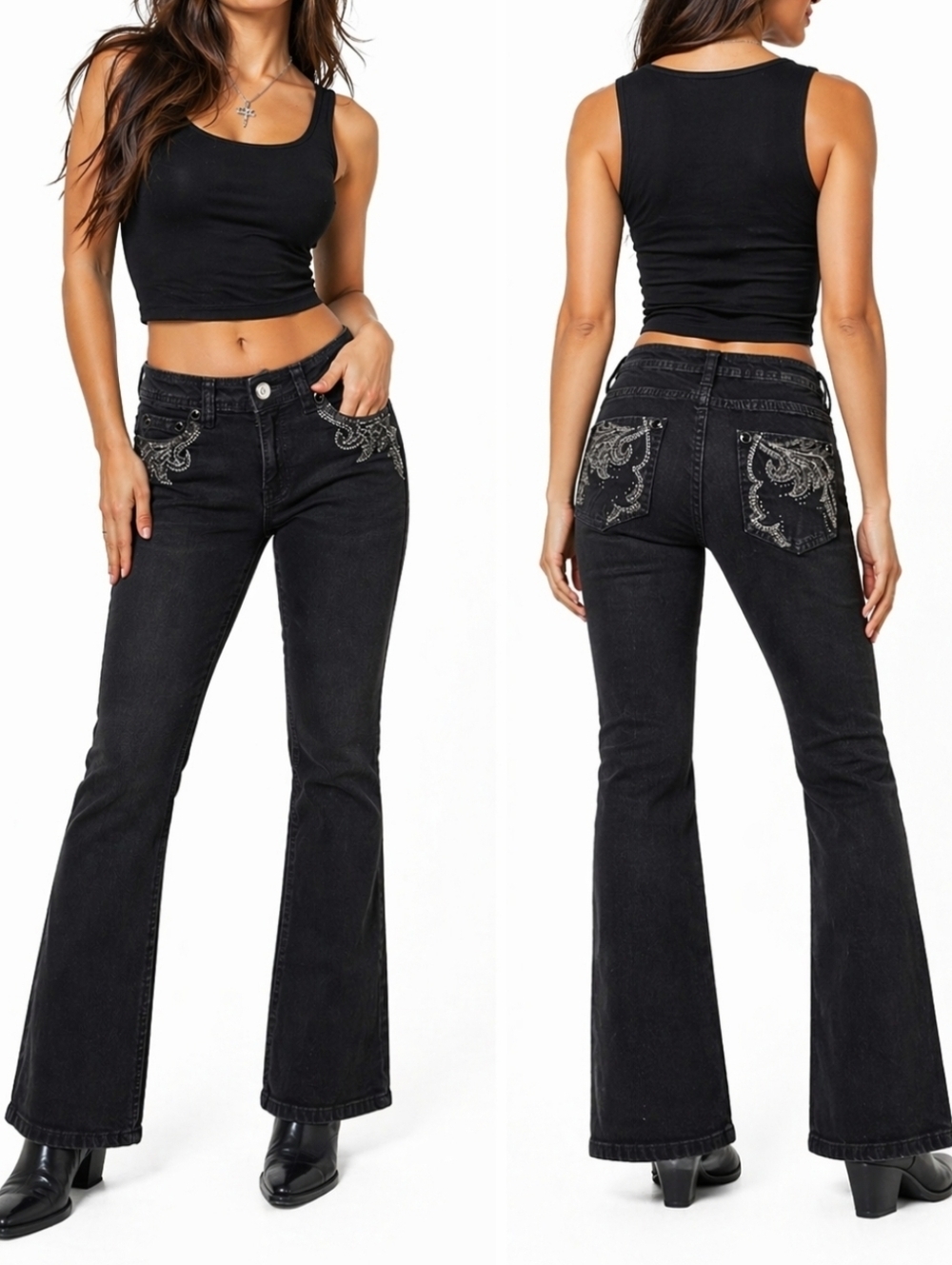 Y2K Reba Black Denim Rhinestone Embellished Western Mid Rise Bootcut Jean
